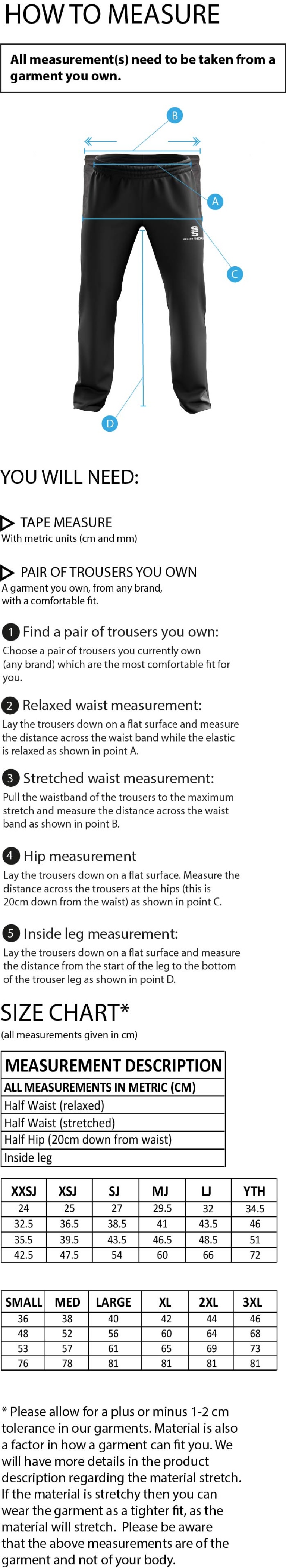 Waterlooville CC - POPLIN TRACK PANT WITH LYCRA - Size Guide