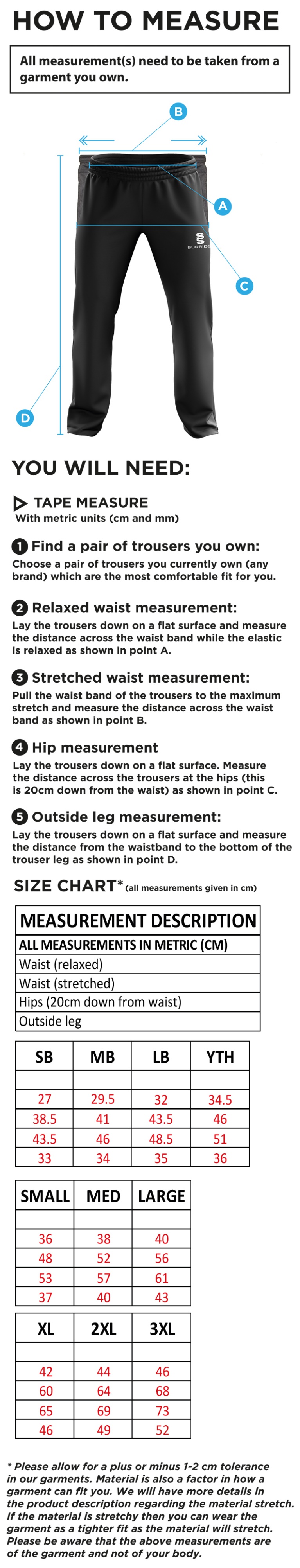 Waterlooville Cricket Club - Ripstop Track Pant - Size Guide