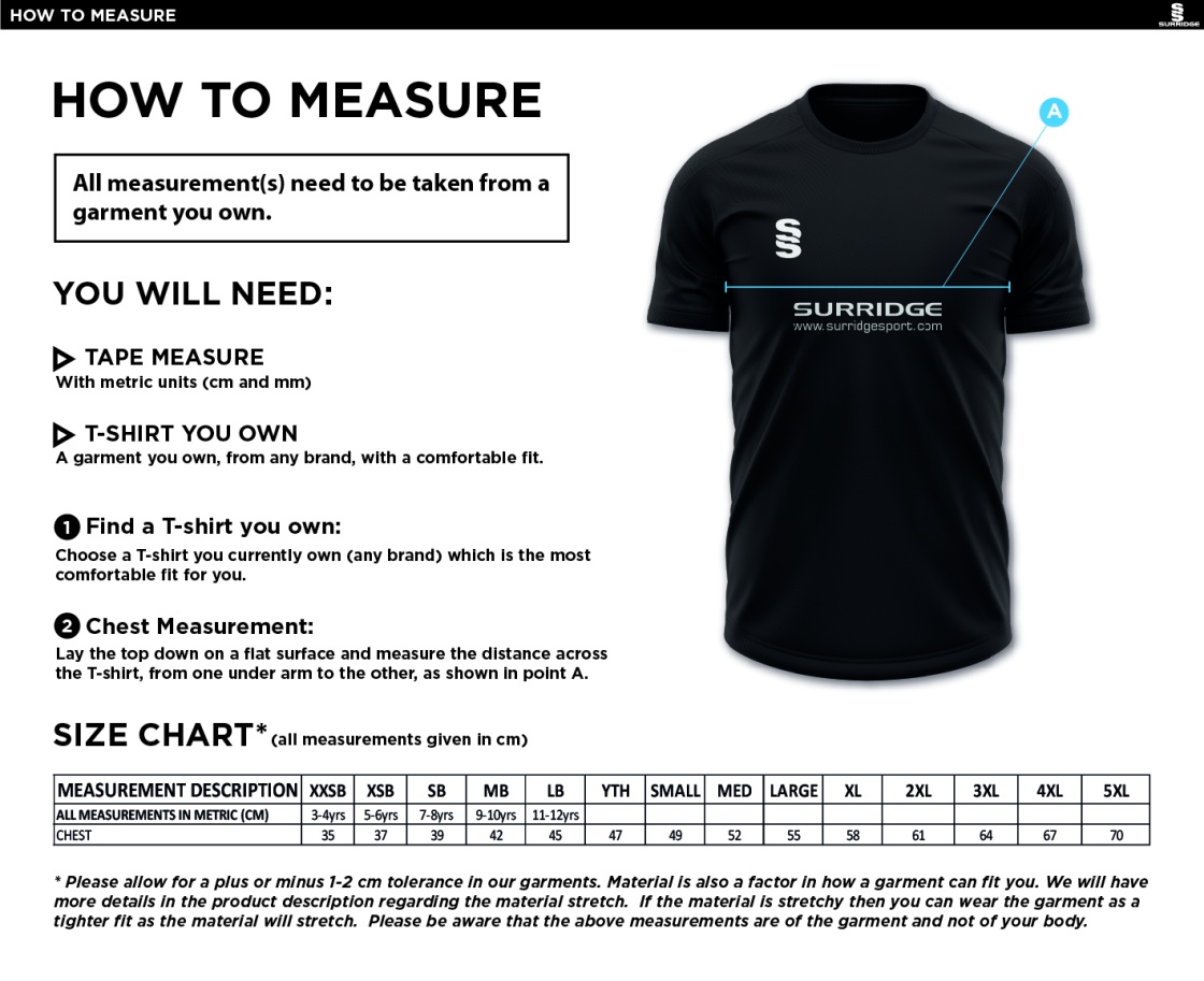 Waterlooville Cricket Club - Blade Training Shirt - Size Guide