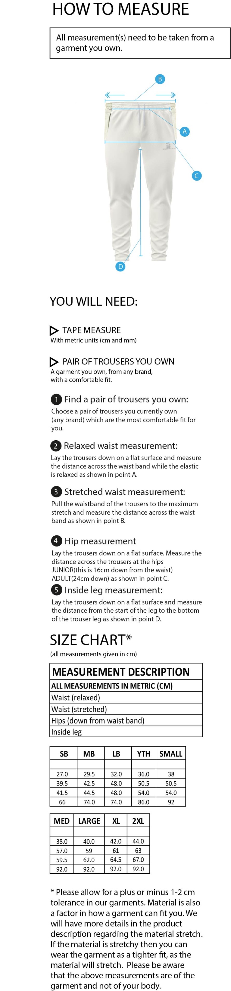 Waterlooville Cricket Club - Blade Coloured Pants - Size Guide