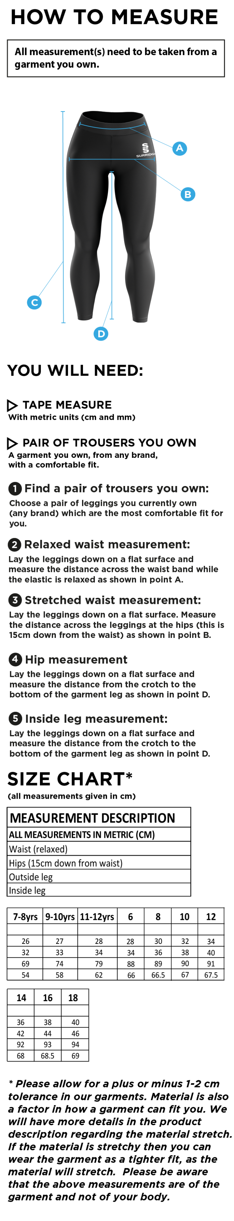 Waterlooville Cricket Club - Performance Full Length Leggings - Size Guide