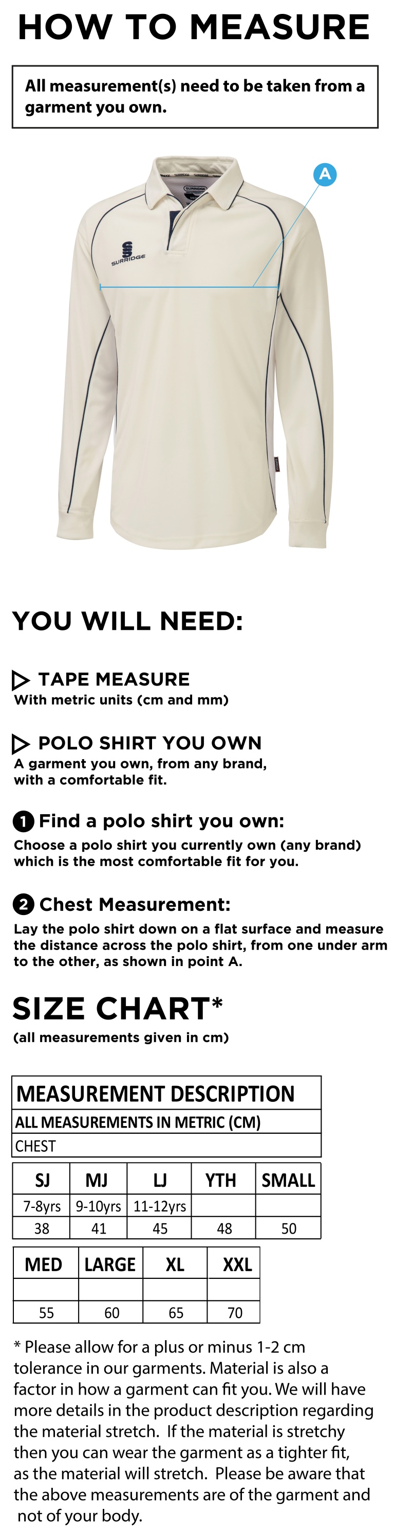 Waterlooville CC - Long Sleeve Shirt White Trim - Size Guide