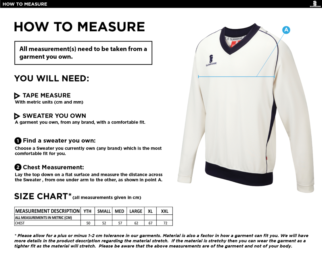 Waterlooville Cricket Club - Curve Long Sleeved Sweater - Size Guide