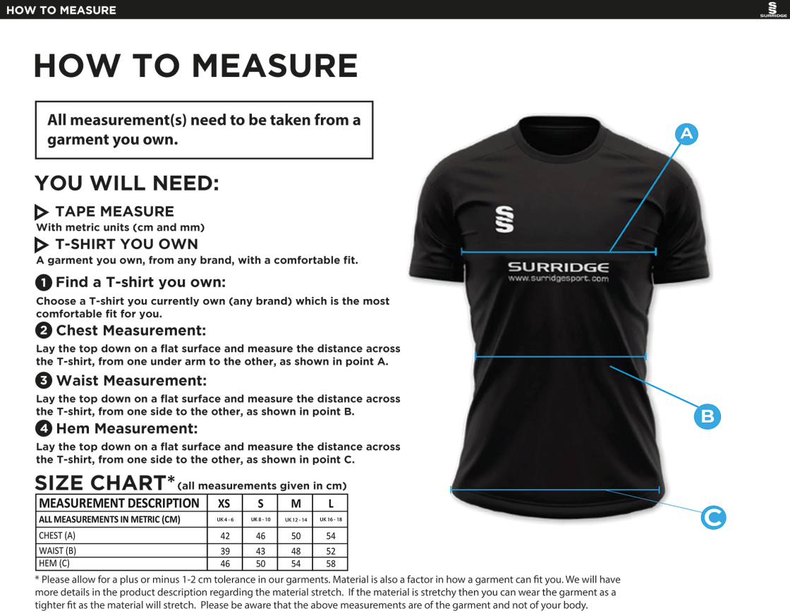 Waterlooville Cricket Club - Dual Games Shirt - Women's Fit - Size Guide