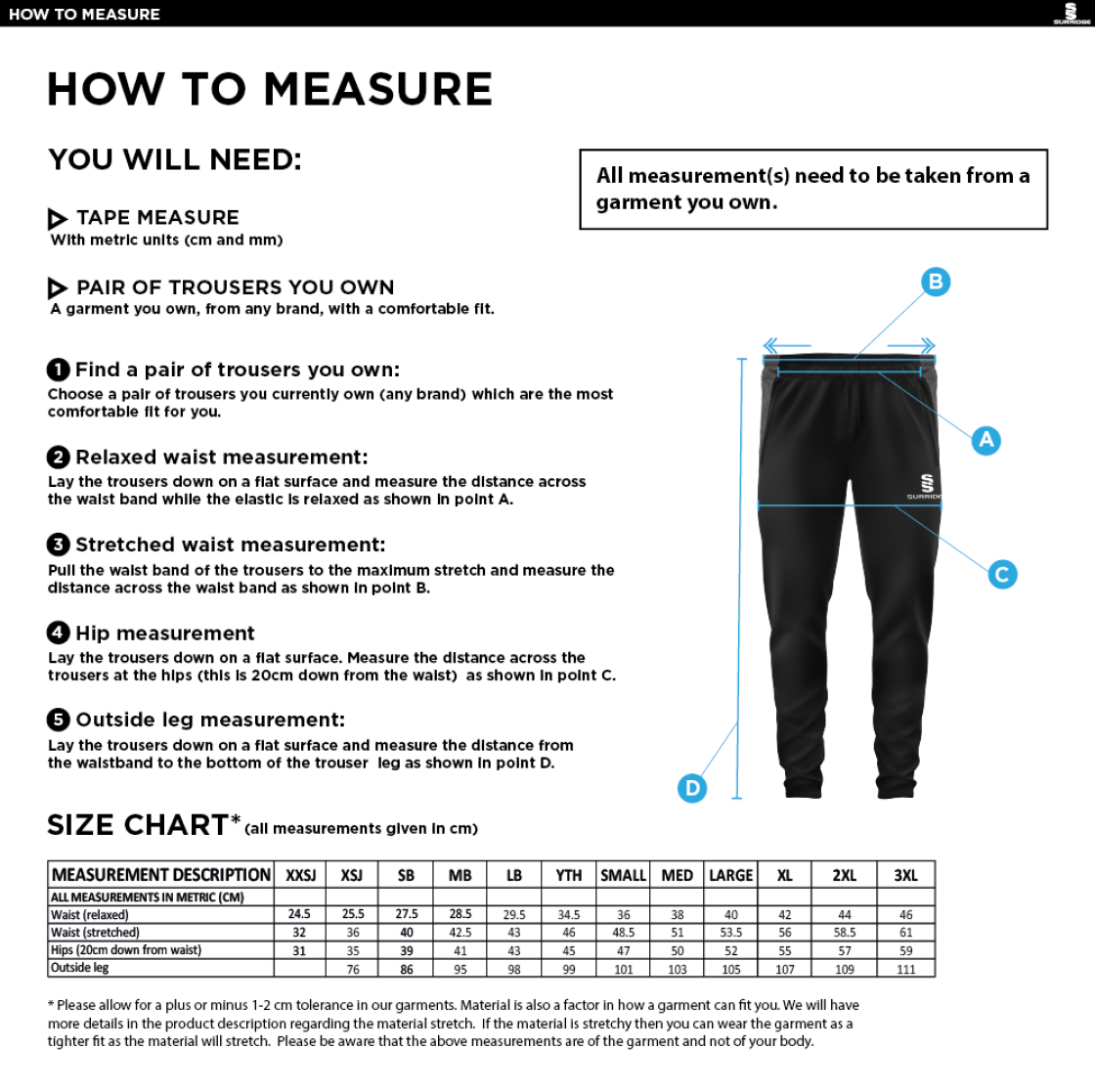 Waterlooville Cricket Club - Tek Pants - Size Guide