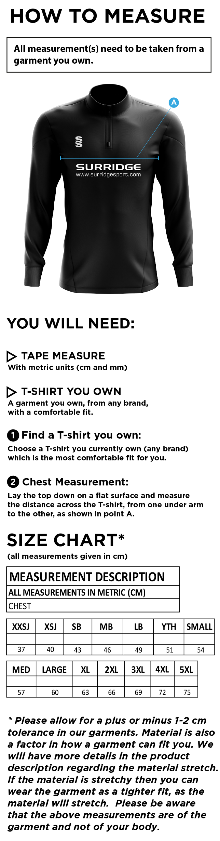 Waterlooville Cricket Club -  Blade Performance Top - Size Guide