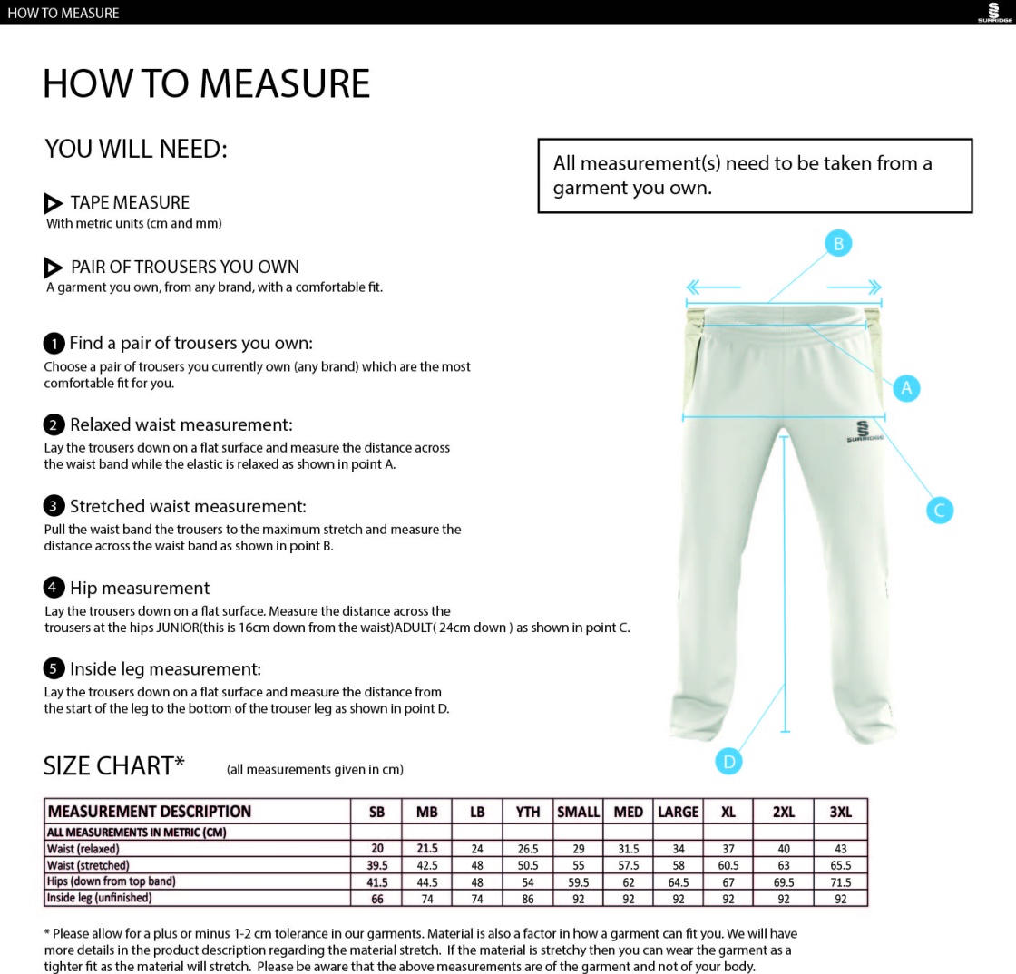 Waterlooville Cricket Club - Relaxed Fit Cricket Pant - Size Guide