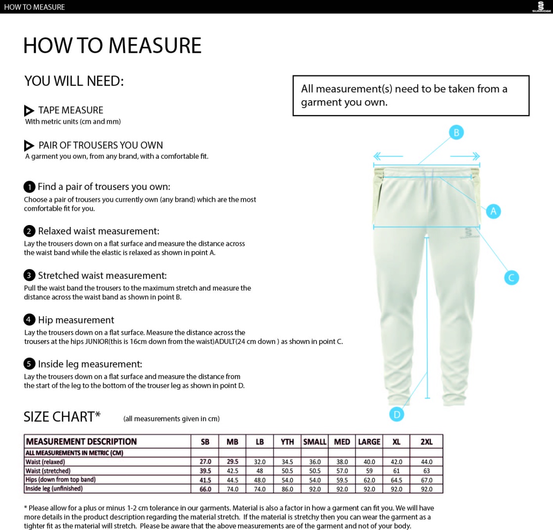 Waterlooville Cricket Club - Blade Coloured Pants - Size Guide