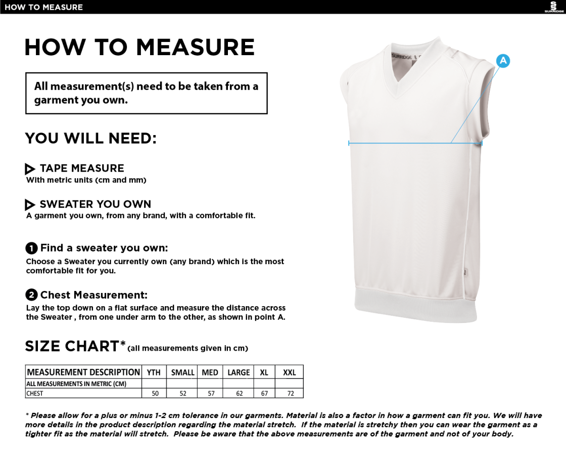 Waterlooville Cricket Club - Curve Sleeveless Sweater - Size Guide
