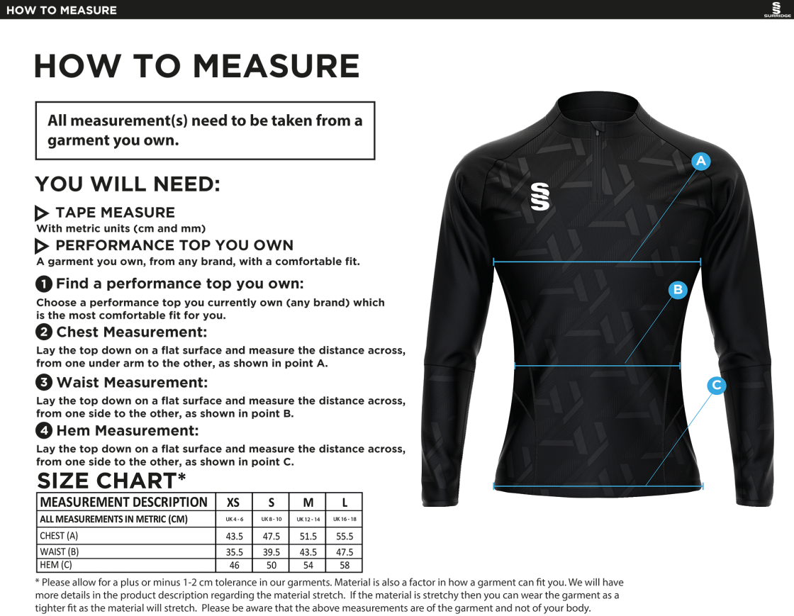 Waterlooville Cricket Club - Impact 1/4 Zip Performance Top - Women's Fit - Size Guide