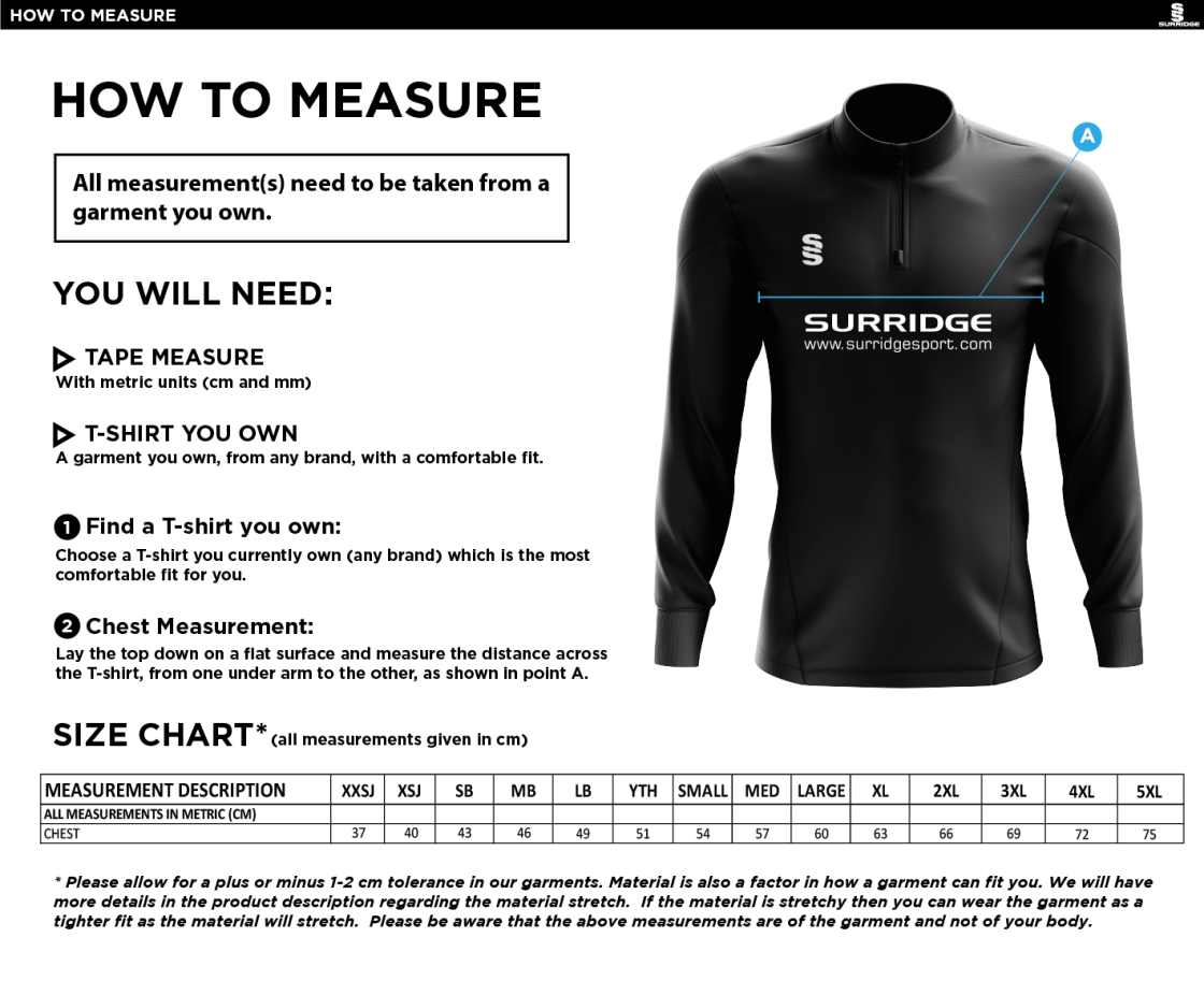 Waterlooville Cricket Club - Fuse Performance Top - Size Guide
