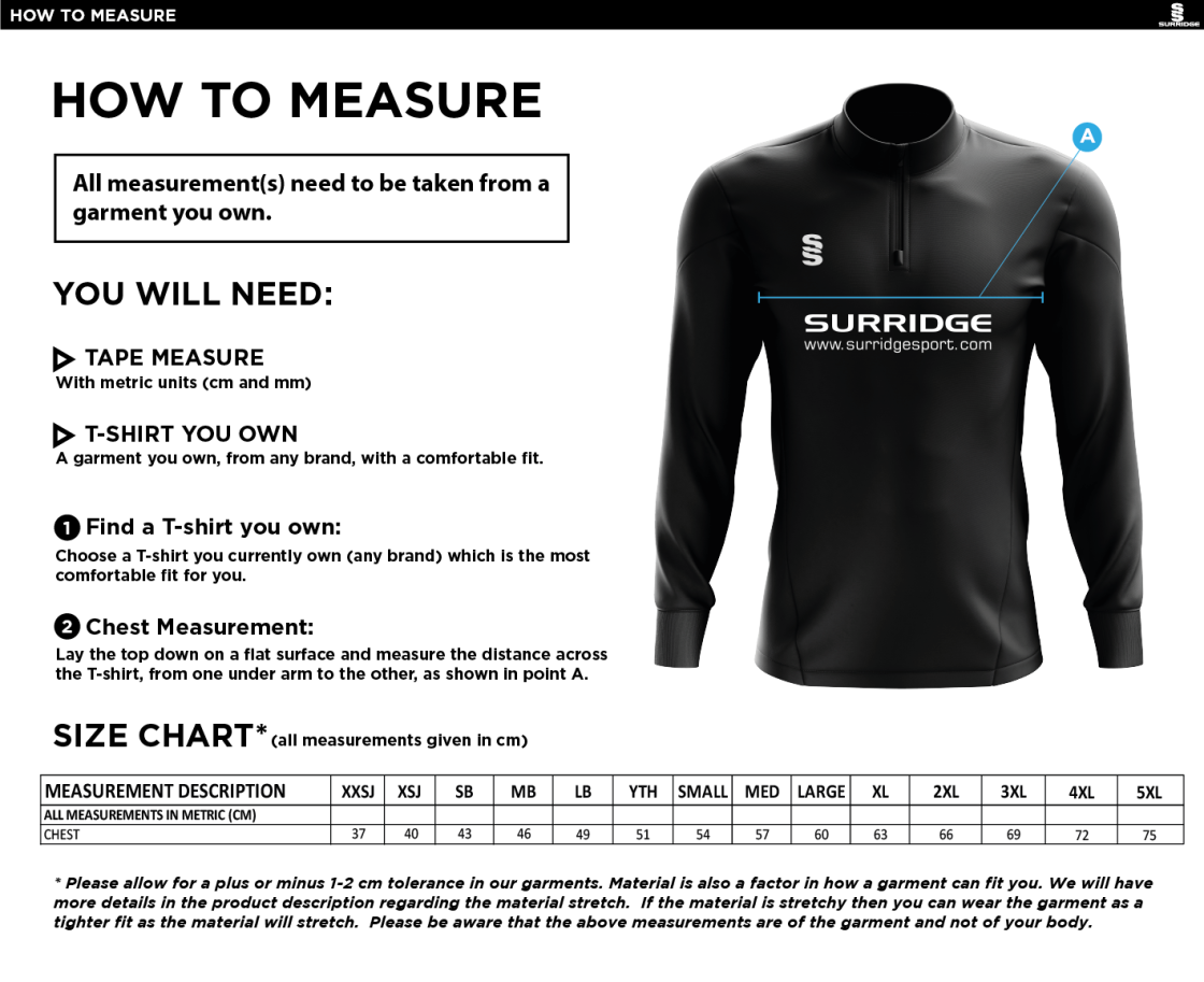 Waterlooville Cricket Club -  Blade Performance Top - Size Guide