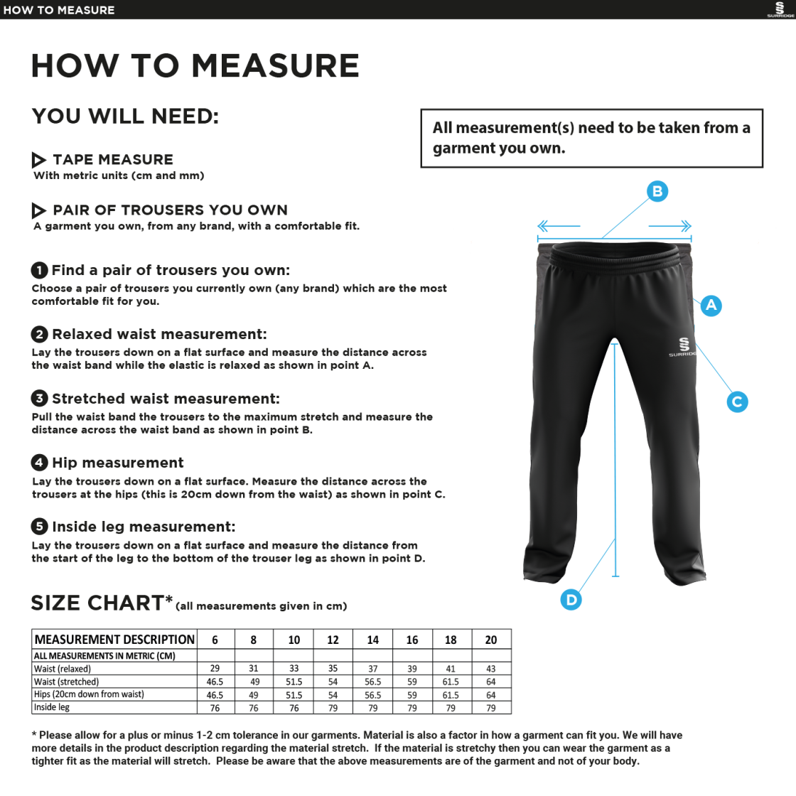 Waterlooville Cricket Club - Dual Poplin Track Pant - Women's Fit - Size Guide