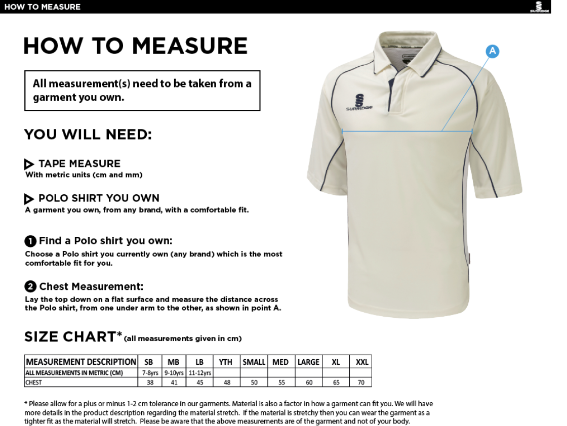 Waterlooville CC - Dual Premier Short Sleeve Shirt - Size Guide