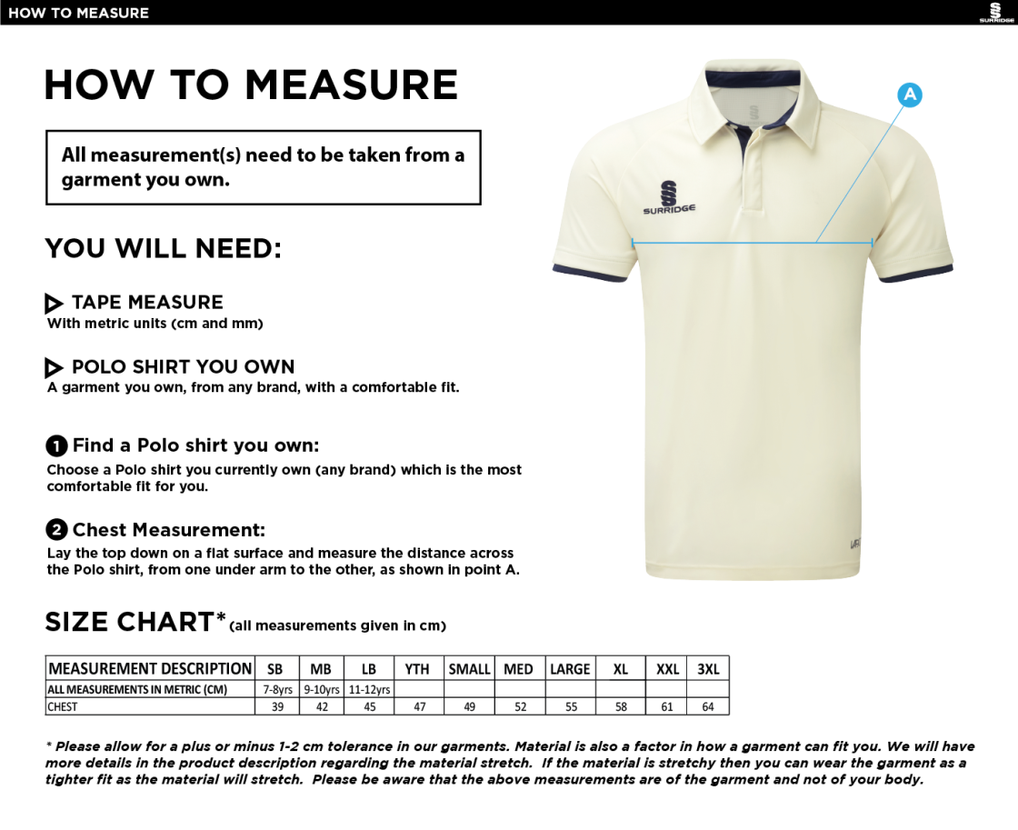 Waterlooville Cricket Club - Ergo Short Sleeved Playing Shirt - Size Guide