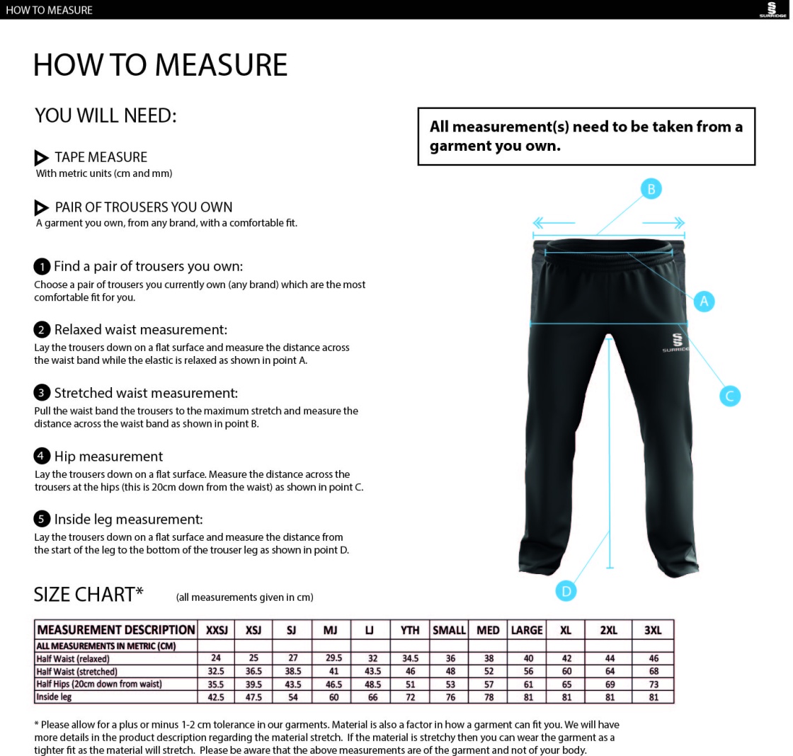 Waterlooville CC - POPLIN TRACK PANT WITH LYCRA - Size Guide
