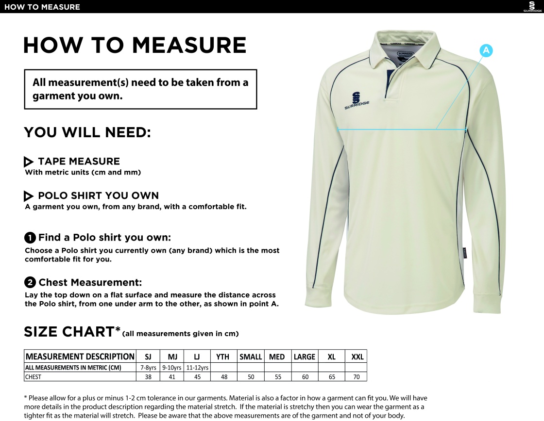 Waterlooville Cricket Club - Premier Long Sleeved Shirt - Size Guide