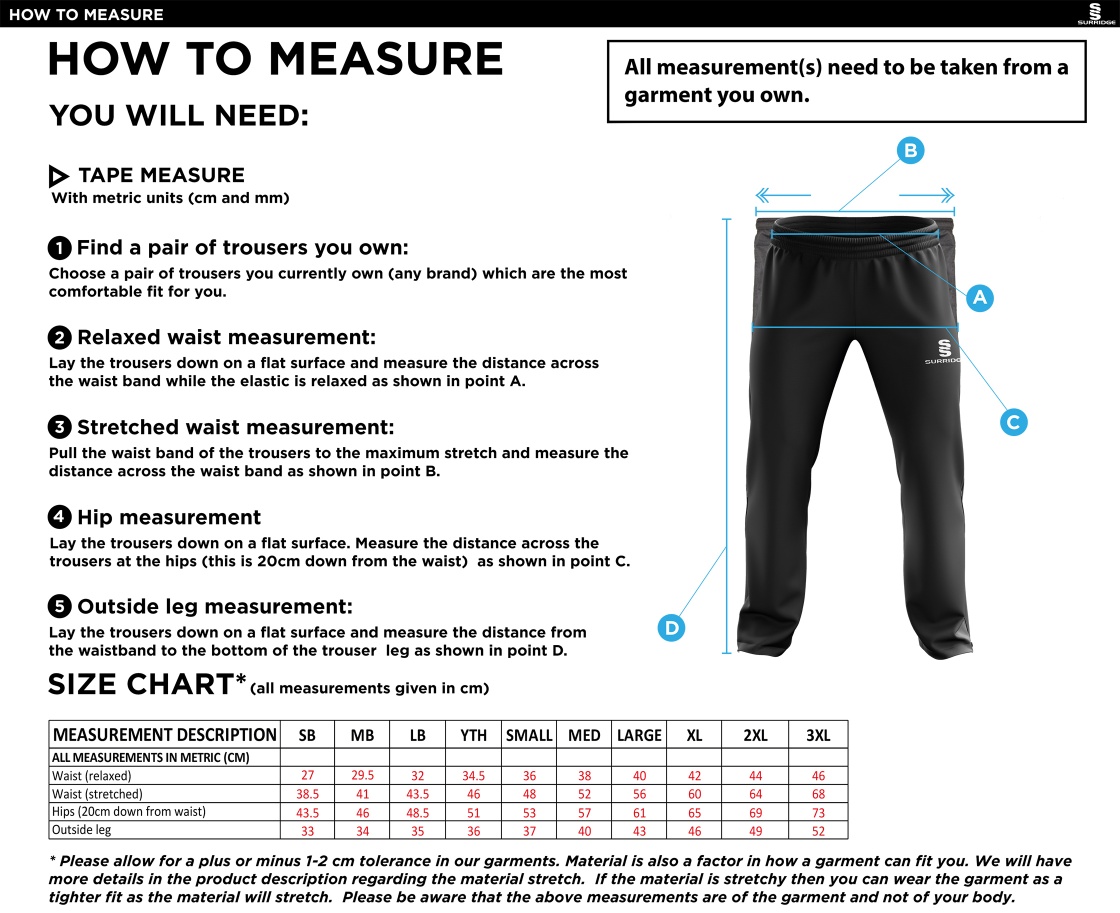 Waterlooville Cricket Club - Ripstop Track Pant - Size Guide