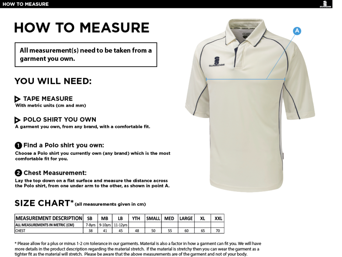 Waterlooville CC - Dual Premier Short Sleeve Shirt - Size Guide