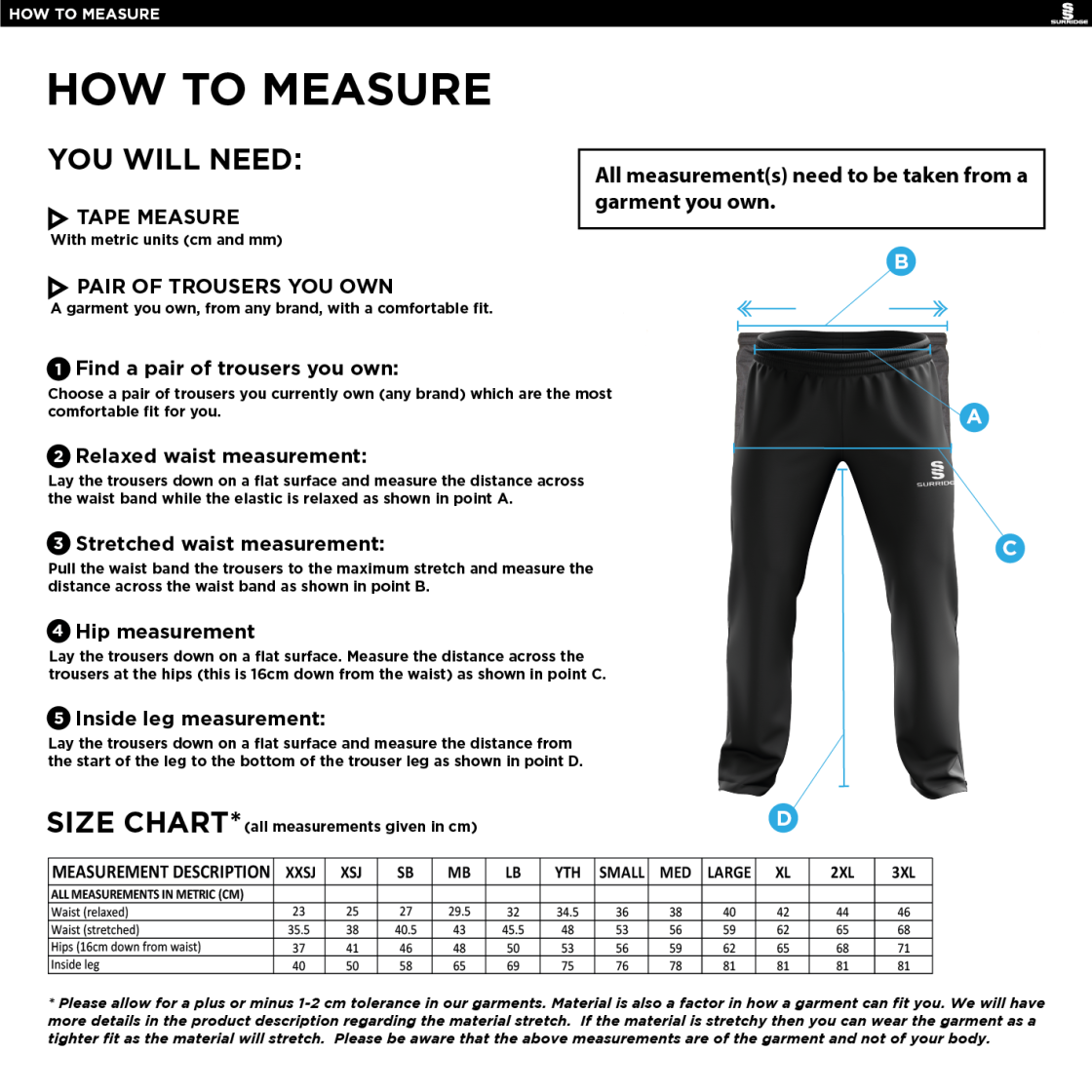 Waterlooville Cricket Club - Poplin Track Pants - Size Guide
