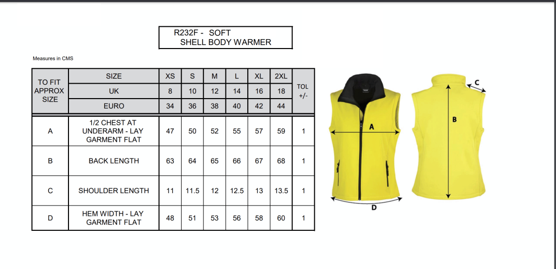 Core Printable Softshell Gilet Female: Navy - Size Guide