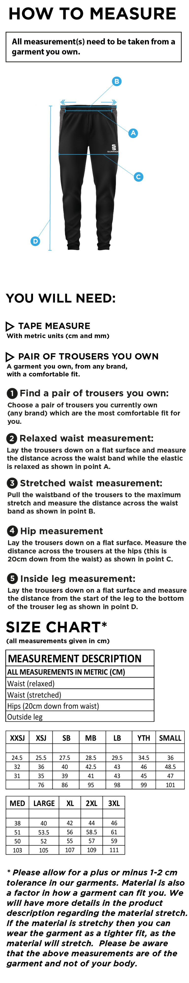 Waterlooville Cricket Club - Tek Pants - Size Guide