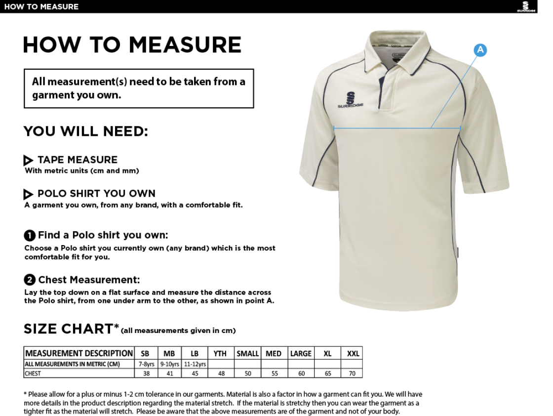 Waterlooville Cricket Club - Premier 3/4 Sleeved Shirt - Size Guide