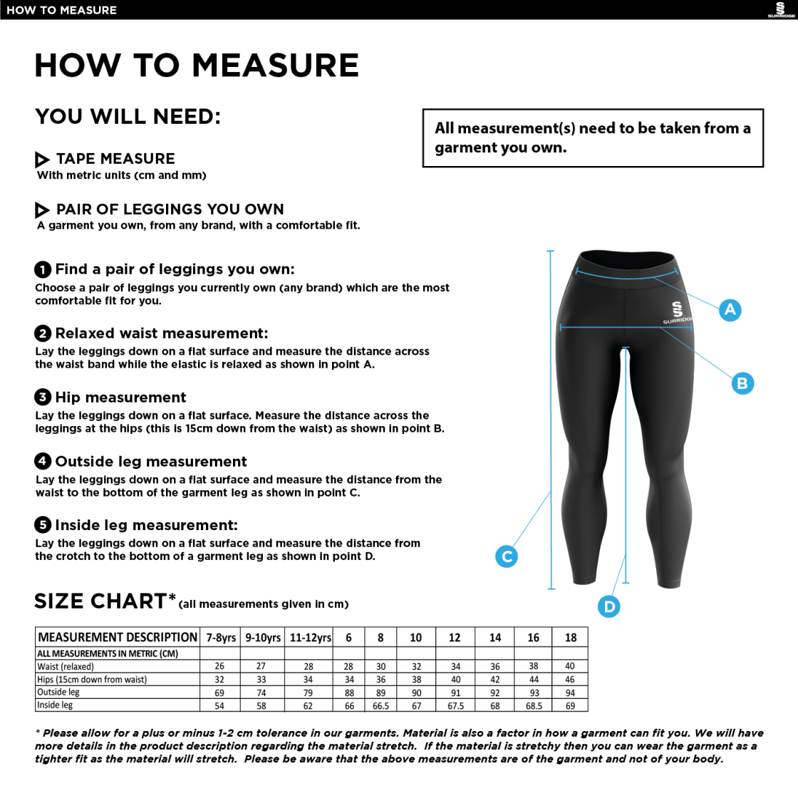 Waterlooville Cricket Club - Performance Full Length Leggings - Size Guide