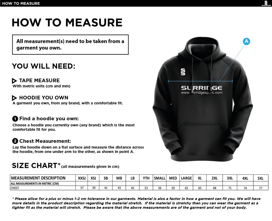 Waterlooville Cricket Club - Blade Hoody - Size Guide