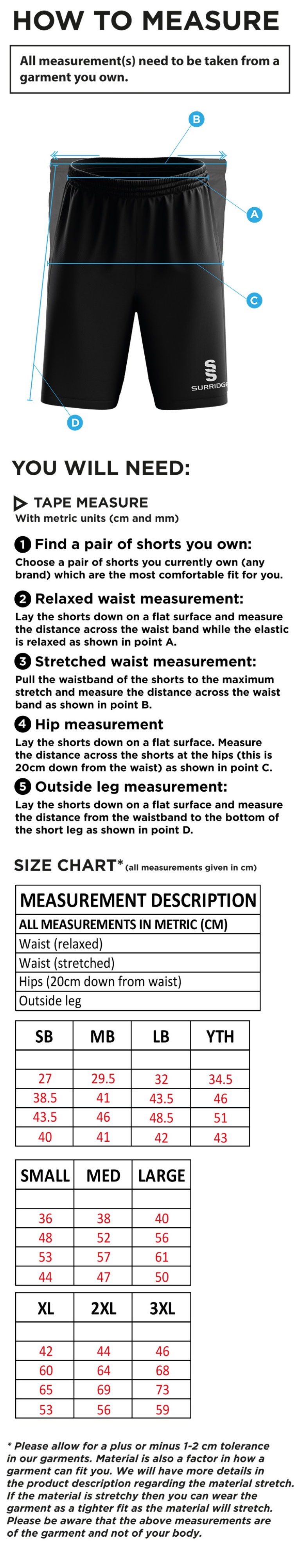 Waterlooville Cricket Club - Blade Shorts - Size Guide