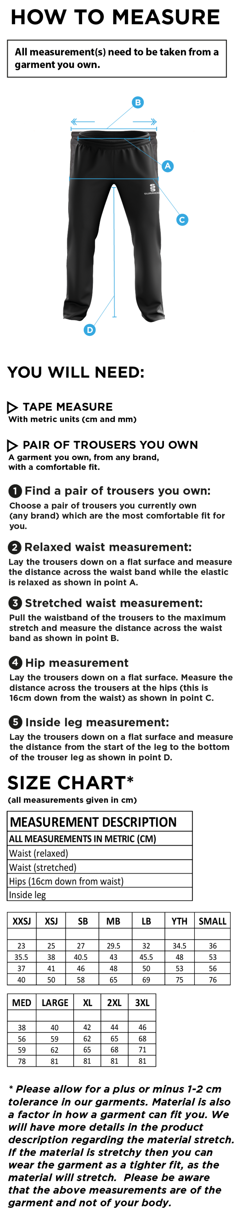Waterlooville Cricket Club - Poplin Track Pants - Size Guide