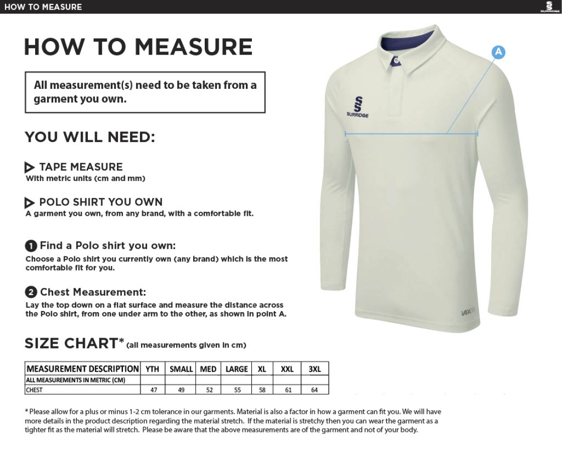 Waterlooville Cricket Club - Ergo Long Sleeved Playing Shirt - Size Guide